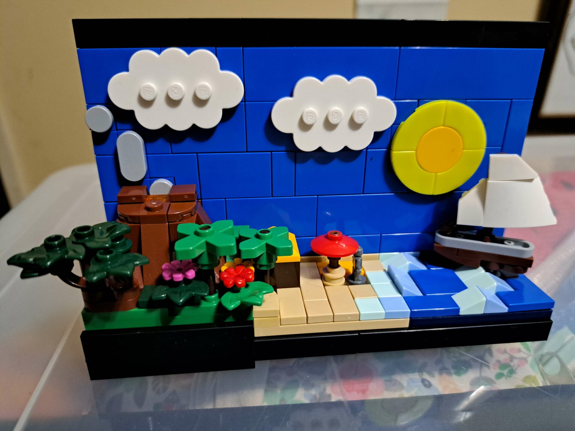 A custom LEGO build representing a Hawaiian landscape